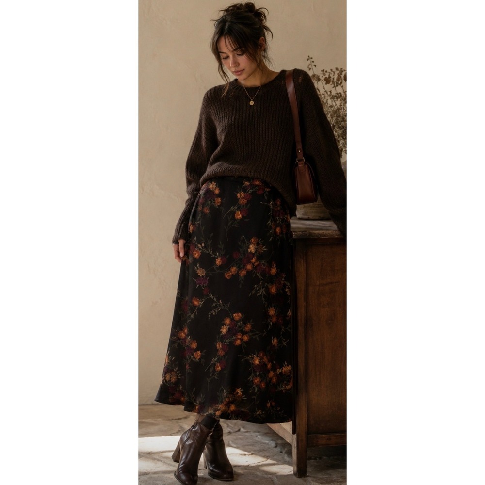 Vintage First Option Floral Maxi Skirt Black Orange Burgundy Dark Academia M/L